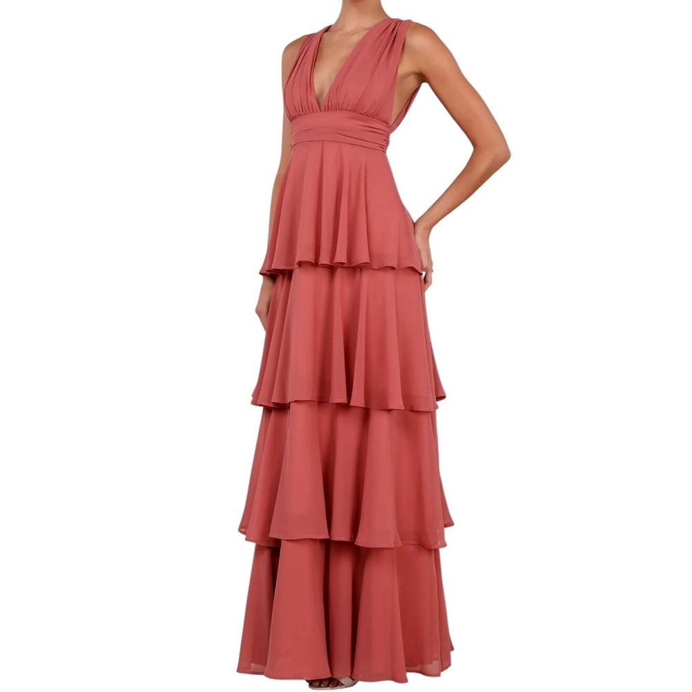 NEW Lulus Amazing Evening Dark Rose Pink Tiered Maxi Dress L Sleeveless Gown